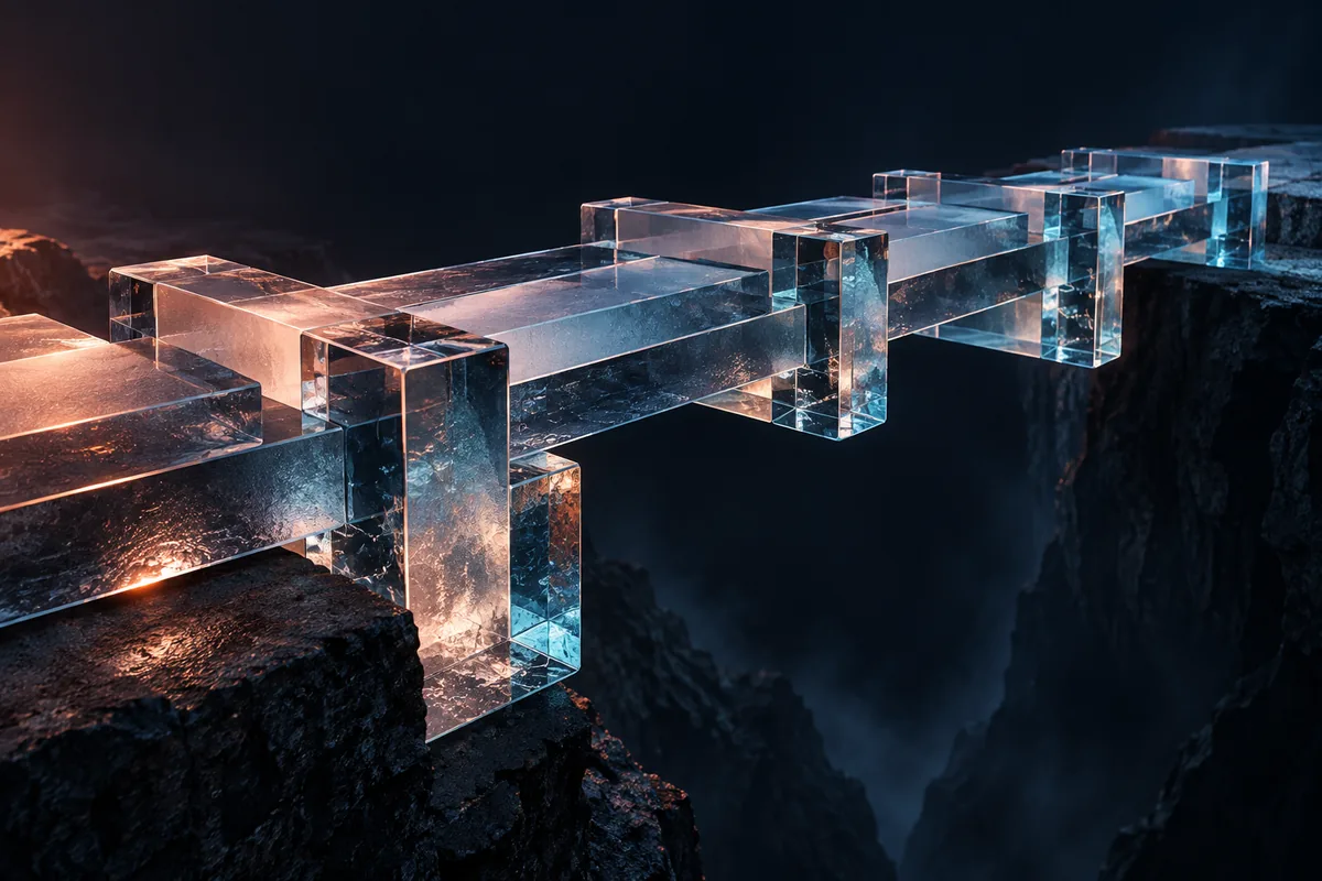 Puente conceptual de piezas de cristal que representa colaboración técnica