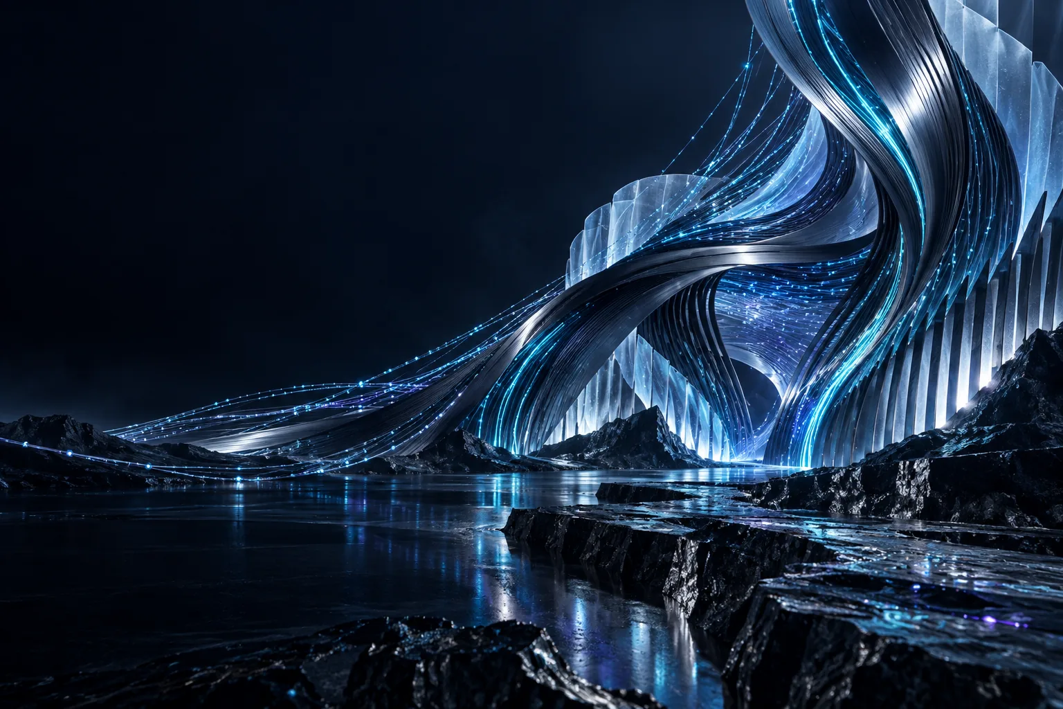 Escultura conceptual de cintas metálicas y trayectorias de datos en movimiento